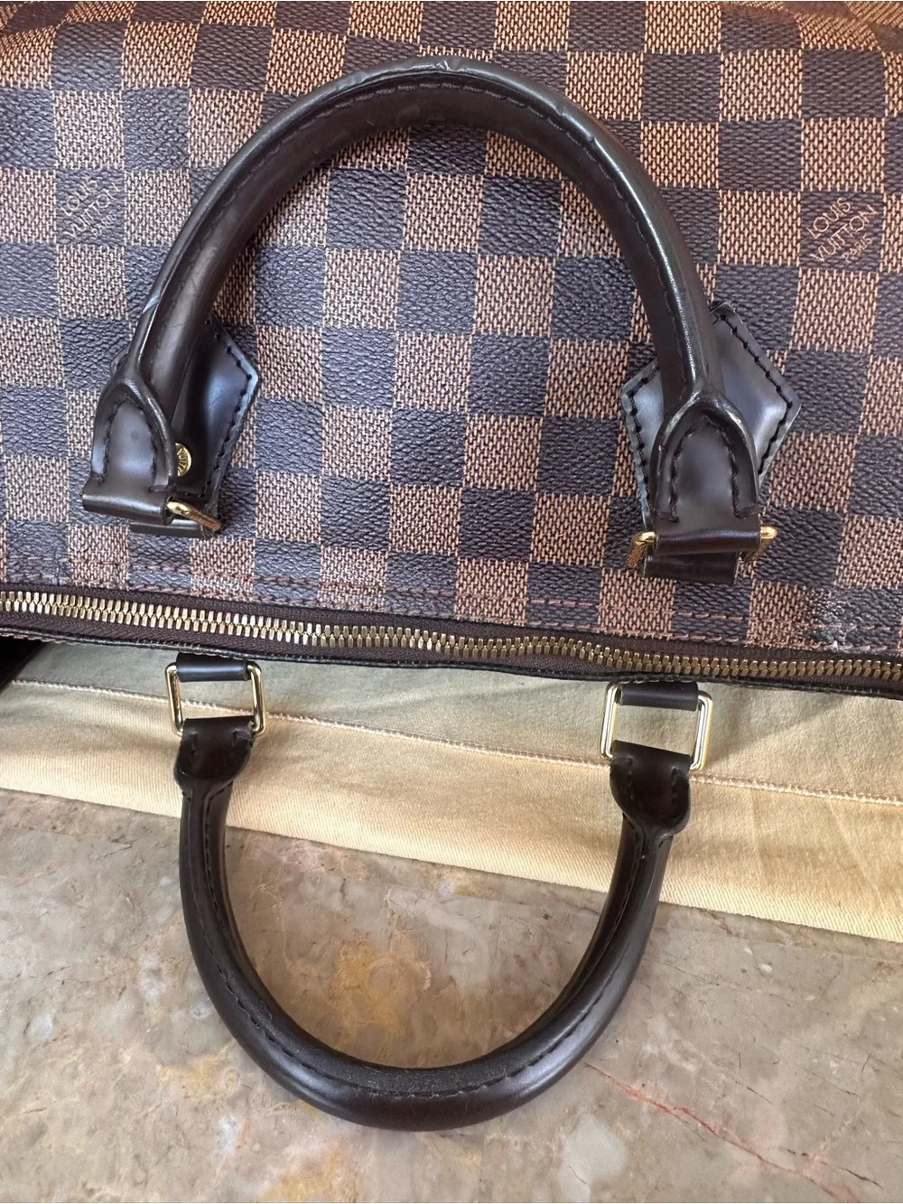 Louis Vuitton Damier Ebene Satchel in Brown with Gold Hardware